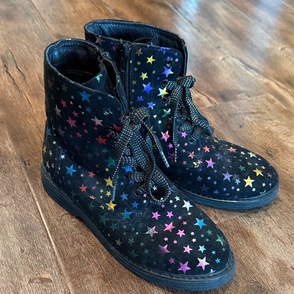 SO Teagan Velour Starry Metallic Black & Rainbow Star Kids Combat Boots